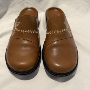 Clarks Brown Leather Embroidered Comfort Clog Slip-On Women's Shoes 6M